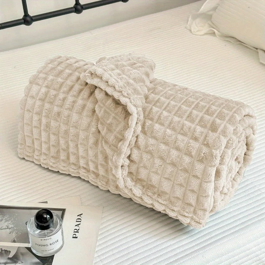Large Soft Fuzzy Plush Flannel Blanket, Warm Cozy Ribbed Microfiber For Sofa And Bed, Lightweight Striped For All Seasons