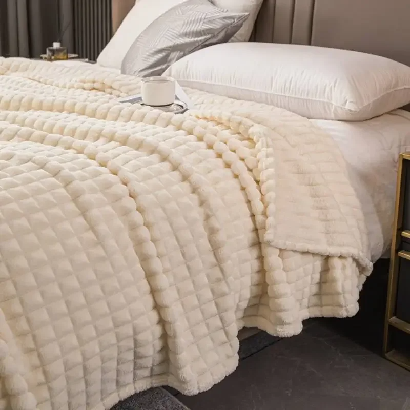 Large Soft Fuzzy Plush Flannel Blanket, Warm Cozy Ribbed Microfiber For Sofa And Bed, Lightweight Striped For All Seasons