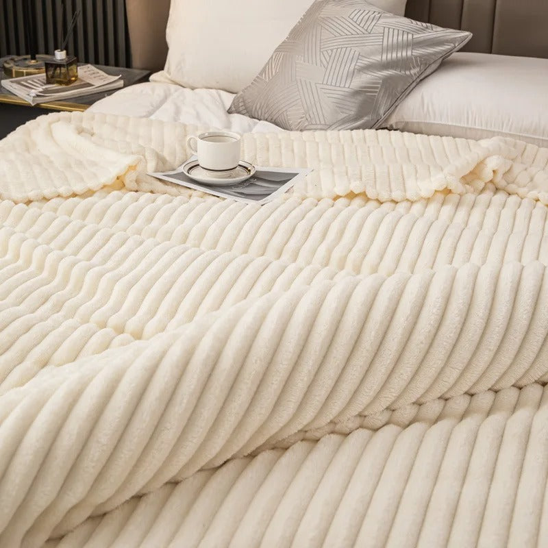Large Soft Fuzzy Plush Flannel Blanket, Warm Cozy Ribbed Microfiber For Sofa And Bed, Lightweight Striped For All Seasons