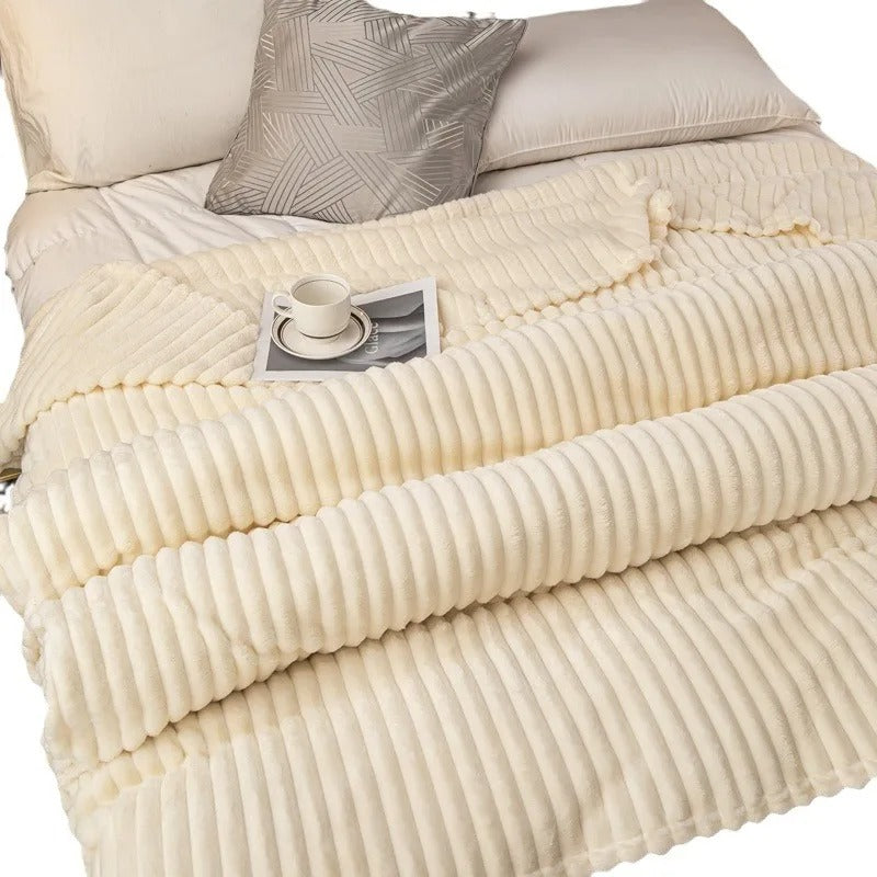 Large Soft Fuzzy Plush Flannel Blanket, Warm Cozy Ribbed Microfiber For Sofa And Bed, Lightweight Striped For All Seasons