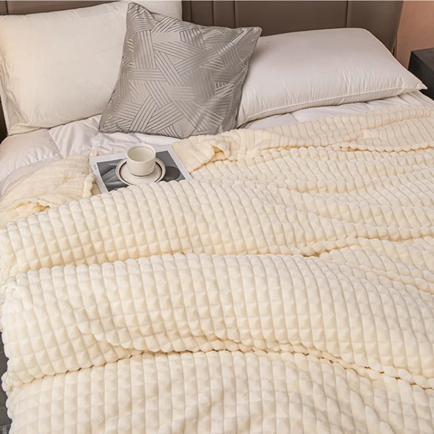 Large Soft Fuzzy Plush Flannel Blanket, Warm Cozy Ribbed Microfiber For Sofa And Bed, Lightweight Striped For All Seasons