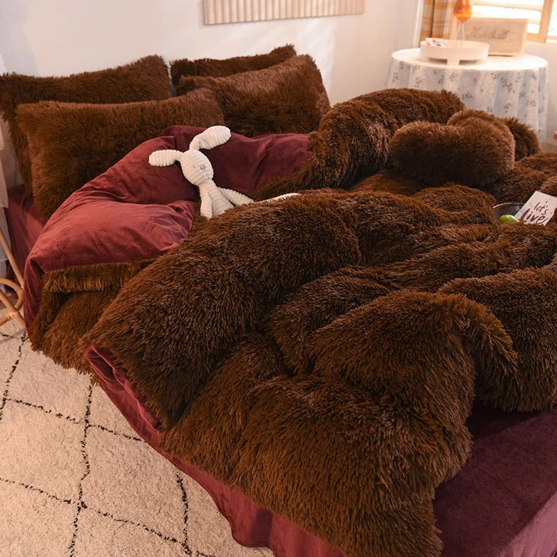 Nordic Pure Color Plush Duvet Cover Set with Sheet Pillow Covers Furry Winter Warm Kawaii Bedding Set Luxury Single Bed Sets