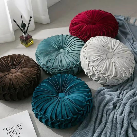 35x35cm Velvet Pleated Seat Cushion Round Pumpkin Throw Pillow for Sofa Couch Floor Baywindow Cushion Home Decor
