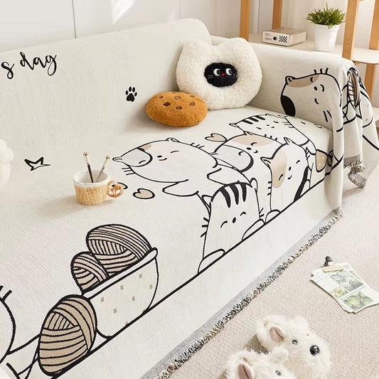 Cartoon Cat Chenille Sofa Cover, Full Coverage One-Piece, Anti-Slip & Cat Scratch Protector, Sofa Slipcover