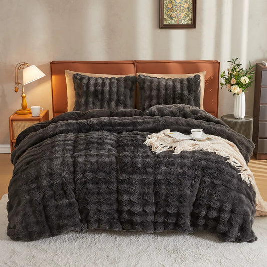 Soft Faux Rabbit Fur Comforter Cover, Cozy Plush Long Shaggy Fluffy Bedding Set with Zipper Closure