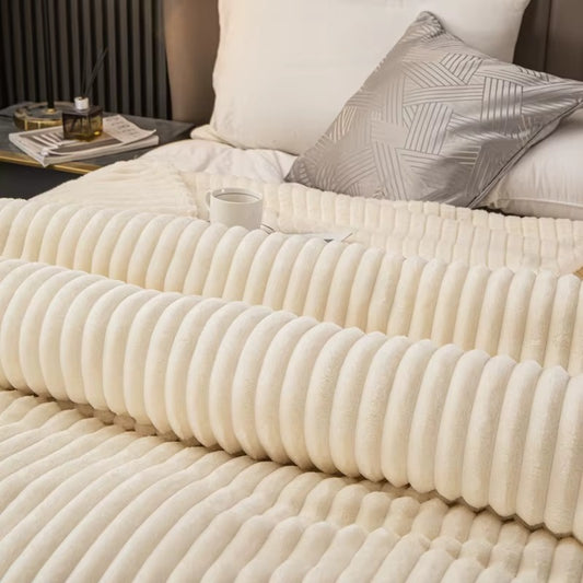 Large Soft Fuzzy Plush Flannel Blanket, Warm Cozy Ribbed Microfiber For Sofa And Bed, Lightweight Striped For All Seasons
