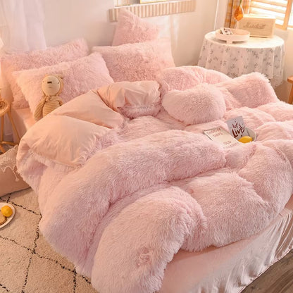 Nordic Pure Color Plush Duvet Cover Set with Sheet Pillow Covers Furry Winter Warm Kawaii Bedding Set Luxury Single Bed Sets
