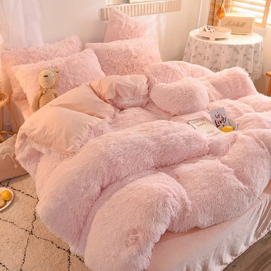 Nordic Pure Color Plush Duvet Cover Set with Sheet Pillow Covers Furry Winter Warm Kawaii Bedding Set Luxury Single Bed Sets