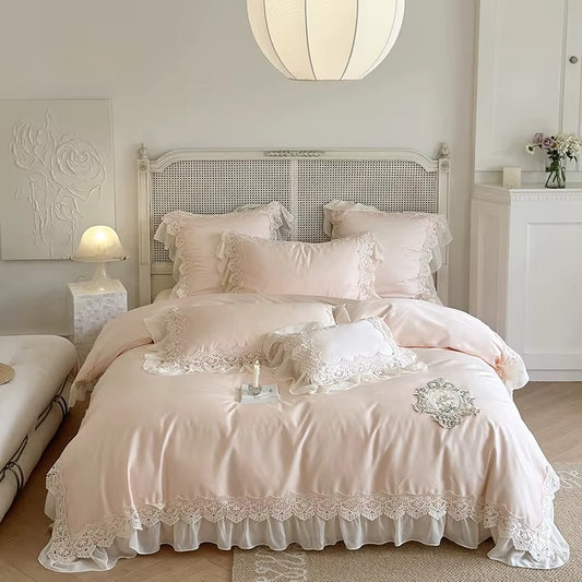 Pink Egyptian Cotton Embroidery Bedding Set Luxury Solid Color Chiffon Lace Duvet Cover Bed Sheet Pillowcases Queen King Size