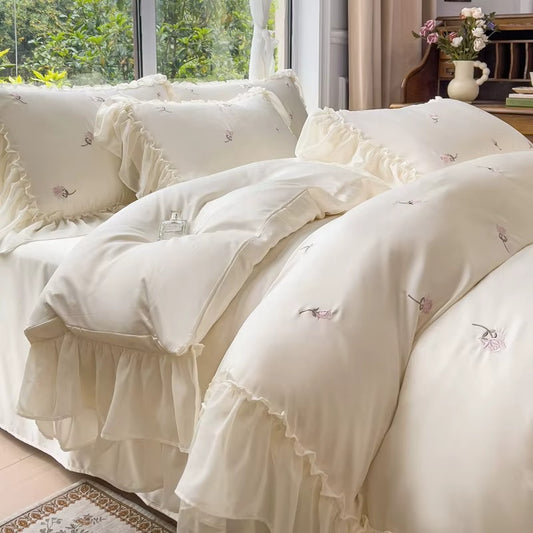 Rose Flowers Embroidery Bedding Set Queen King Size Beige Soft Polyester Duvet Cover Fitted Bed Sheet Pillowcases Home Textile