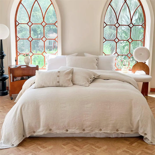 100% Linen 3Pcs Bedding Set  Natural Flax Breathable King Size with Coconut Button Comforter Duvet Cover Set