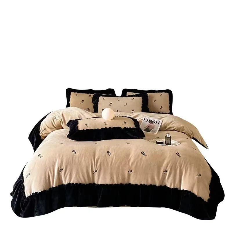 Thickened Warm Rabbit Plush Four-piece Set Bed Sheets, Duvet Covers, Pillowcases, Double-sided Suede Cover Set,Duvet Cover Set