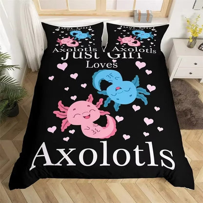 Toddlers Kawaii Axolotl Bedding Set Cute Sea Weed Coastal Comforter Cover Cartoon Axolotl Duvet Cover Full For Kids Boys Girls