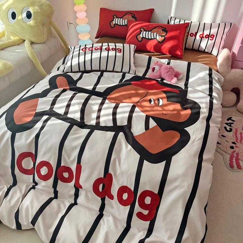 Black and White Striped Duvet Cover 4 Piece Set, Cartoon Dog Pattern Bedding with Bed Sheet, Cute Animal Comforter Cover Set