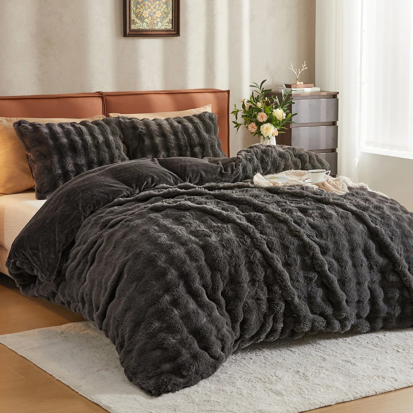 Soft Faux Rabbit Fur Comforter Cover, Cozy Plush Long Shaggy Fluffy Bedding Set with Zipper Closure