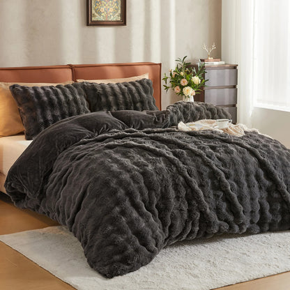 Soft Faux Rabbit Fur Comforter Cover, Cozy Plush Long Shaggy Fluffy Bedding Set with Zipper Closure