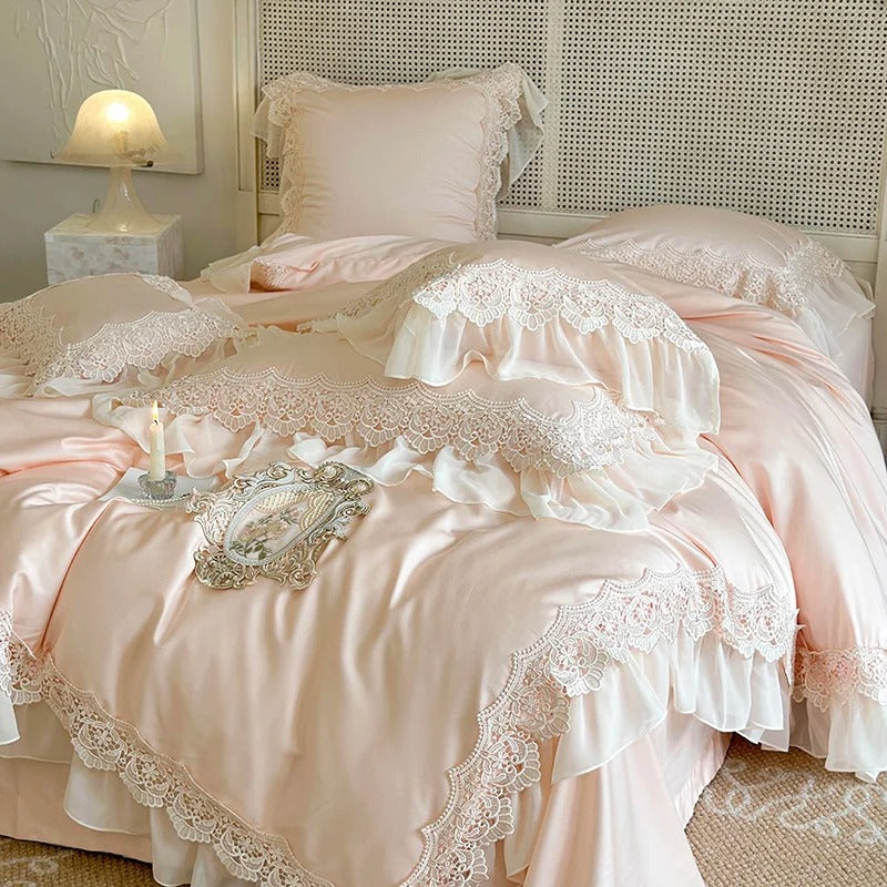 Pink Egyptian Cotton Embroidery Bedding Set Luxury Solid Color Chiffon Lace Duvet Cover Bed Sheet Pillowcases Queen King Size