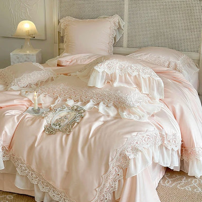 Pink Egyptian Cotton Embroidery Bedding Set Luxury Solid Color Chiffon Lace Duvet Cover Bed Sheet Pillowcases Queen King Size