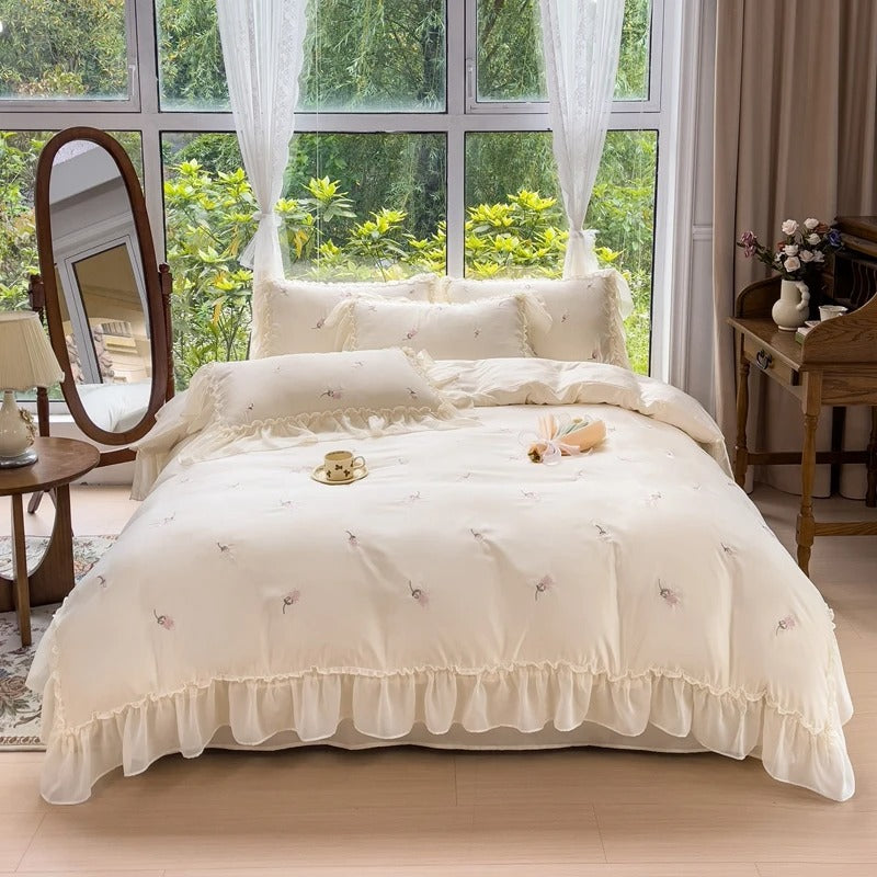Rose Flowers Embroidery Bedding Set Queen King Size Beige Soft Polyester Duvet Cover Fitted Bed Sheet Pillowcases Home Textile
