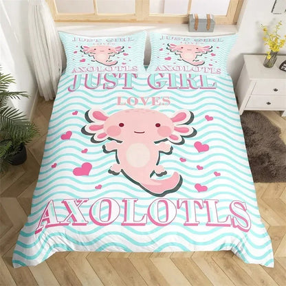 Toddlers Kawaii Axolotl Bedding Set Cute Sea Weed Coastal Comforter Cover Cartoon Axolotl Duvet Cover Full For Kids Boys Girls