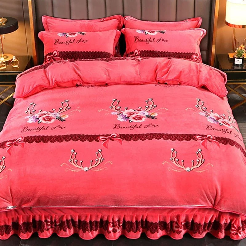 Winter Coral Velvet Four Piece Simple Fashion Thickened Double Sided Milk Flannel Sheet Home Bed Set Comforter Bed Set