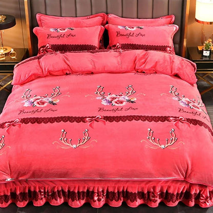 Winter Coral Velvet Four Piece Simple Fashion Thickened Double Sided Milk Flannel Sheet Home Bed Set Comforter Bed Set