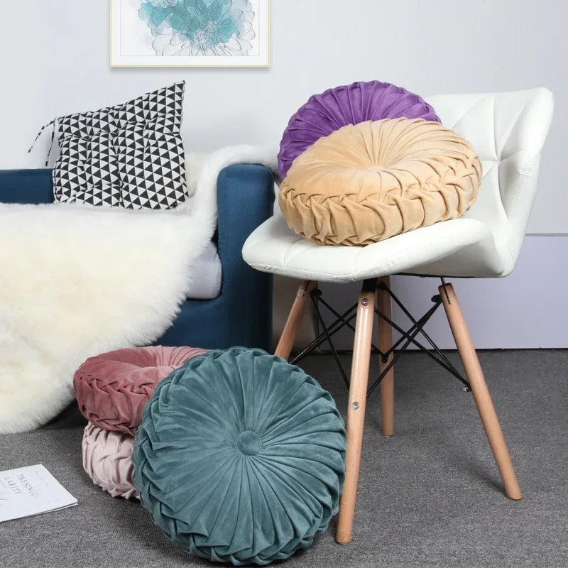35x35cm Velvet Pleated Seat Cushion Round Pumpkin Throw Pillow for Sofa Couch Floor Baywindow Cushion Home Decor