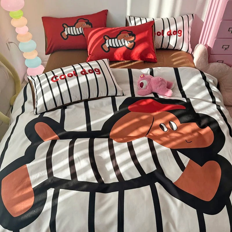 Black and White Striped Duvet Cover 4 Piece Set, Cartoon Dog Pattern Bedding with Bed Sheet, Cute Animal Comforter Cover Set