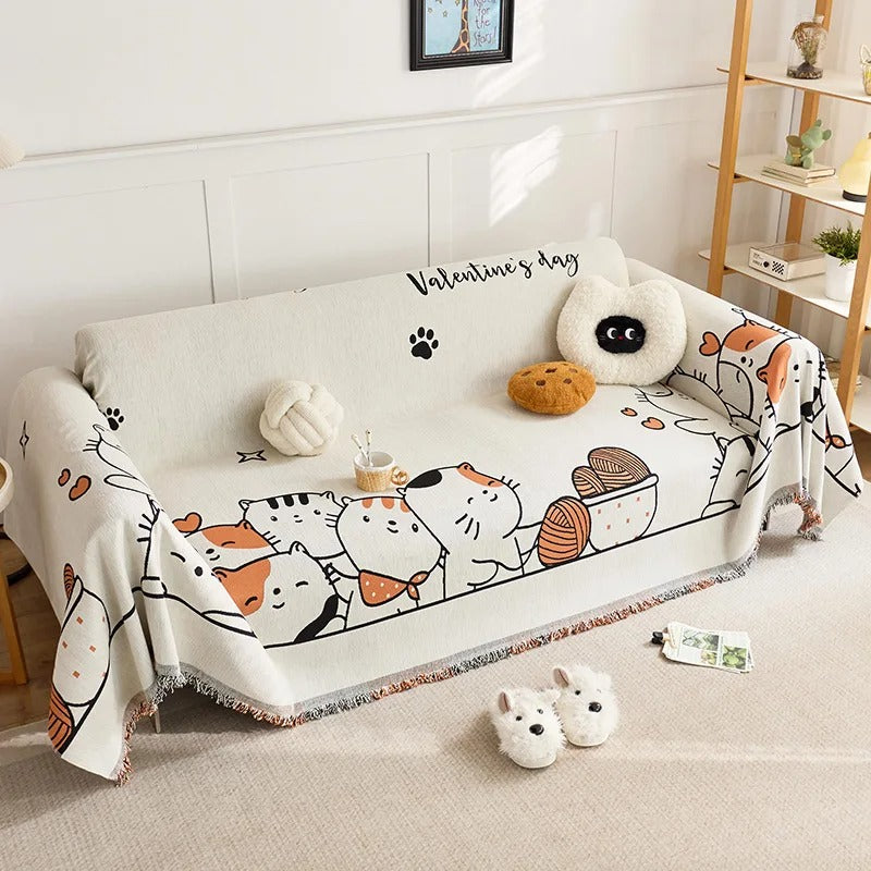 Cartoon Cat Chenille Sofa Cover, Full Coverage One-Piece, Anti-Slip & Cat Scratch Protector, Sofa Slipcover