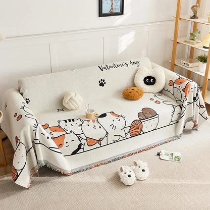 Cartoon Cat Chenille Sofa Cover, Full Coverage One-Piece, Anti-Slip & Cat Scratch Protector, Sofa Slipcover