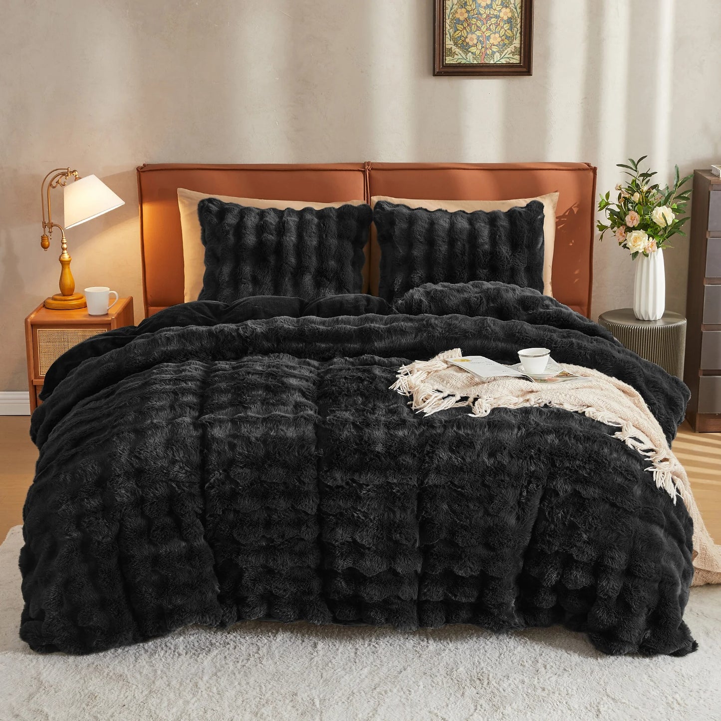 Soft Faux Rabbit Fur Comforter Cover, Cozy Plush Long Shaggy Fluffy Bedding Set with Zipper Closure