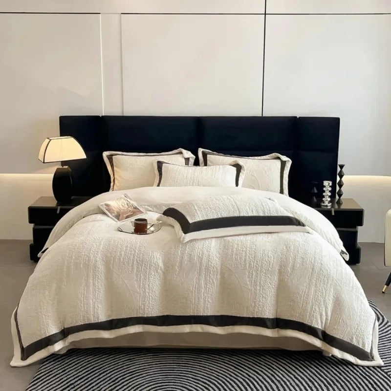 Light luxury high-end winter thickened carved milk fleece four-piece set coral fleece double-sided bed sheet quilt cover fleece