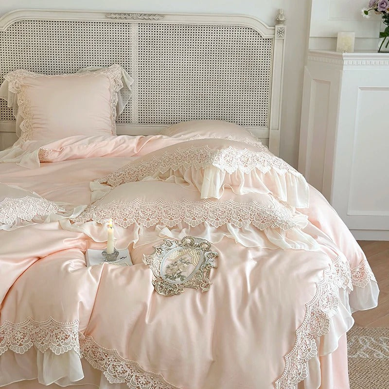 Pink Egyptian Cotton Embroidery Bedding Set Luxury Solid Color Chiffon Lace Duvet Cover Bed Sheet Pillowcases Queen King Size
