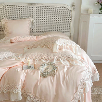 Pink Egyptian Cotton Embroidery Bedding Set Luxury Solid Color Chiffon Lace Duvet Cover Bed Sheet Pillowcases Queen King Size