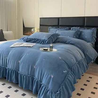 Thickened Warm Rabbit Plush Four-piece Set Bed Sheets, Duvet Covers, Pillowcases, Double-sided Suede Cover Set,Duvet Cover Set