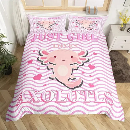 Toddlers Kawaii Axolotl Bedding Set Cute Sea Weed Coastal Comforter Cover Cartoon Axolotl Duvet Cover Full For Kids Boys Girls