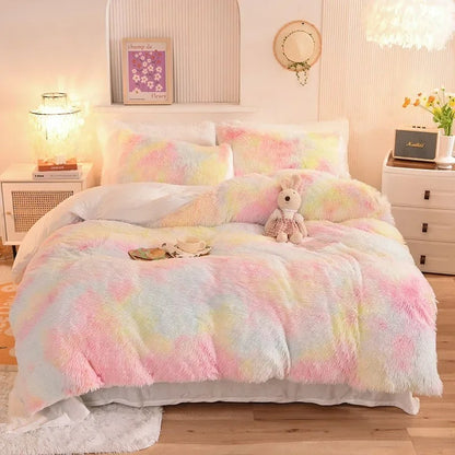4Pcs Shaggy Coral Fleece Warm Cozy Bedding Set Mink Velvet Duvet Cover Set Bed Comforter Cover Blanket Pillowcase Beding Set