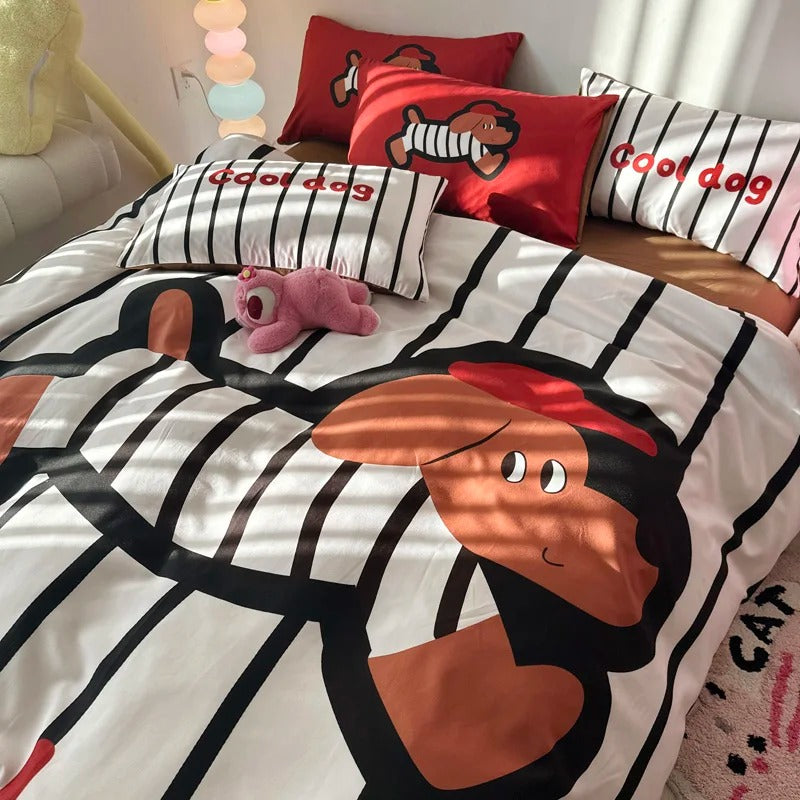 Black and White Striped Duvet Cover 4 Piece Set, Cartoon Dog Pattern Bedding with Bed Sheet, Cute Animal Comforter Cover Set