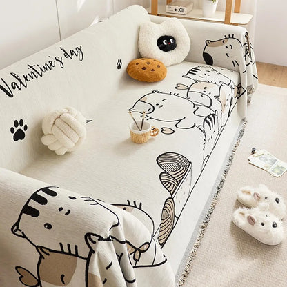 Cartoon Cat Chenille Sofa Cover, Full Coverage One-Piece, Anti-Slip & Cat Scratch Protector, Sofa Slipcover
