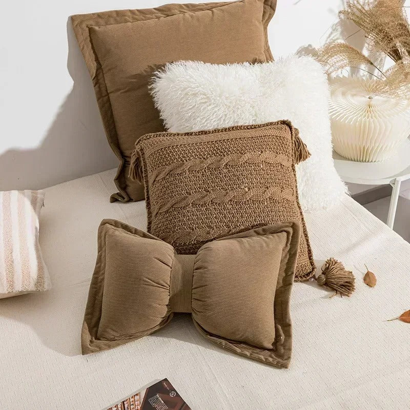 Ins Cute Bow Cushion Solid Color Princess Seat Chair Cushion Sofa Decorative Throw Pillows Pompom Cushions
