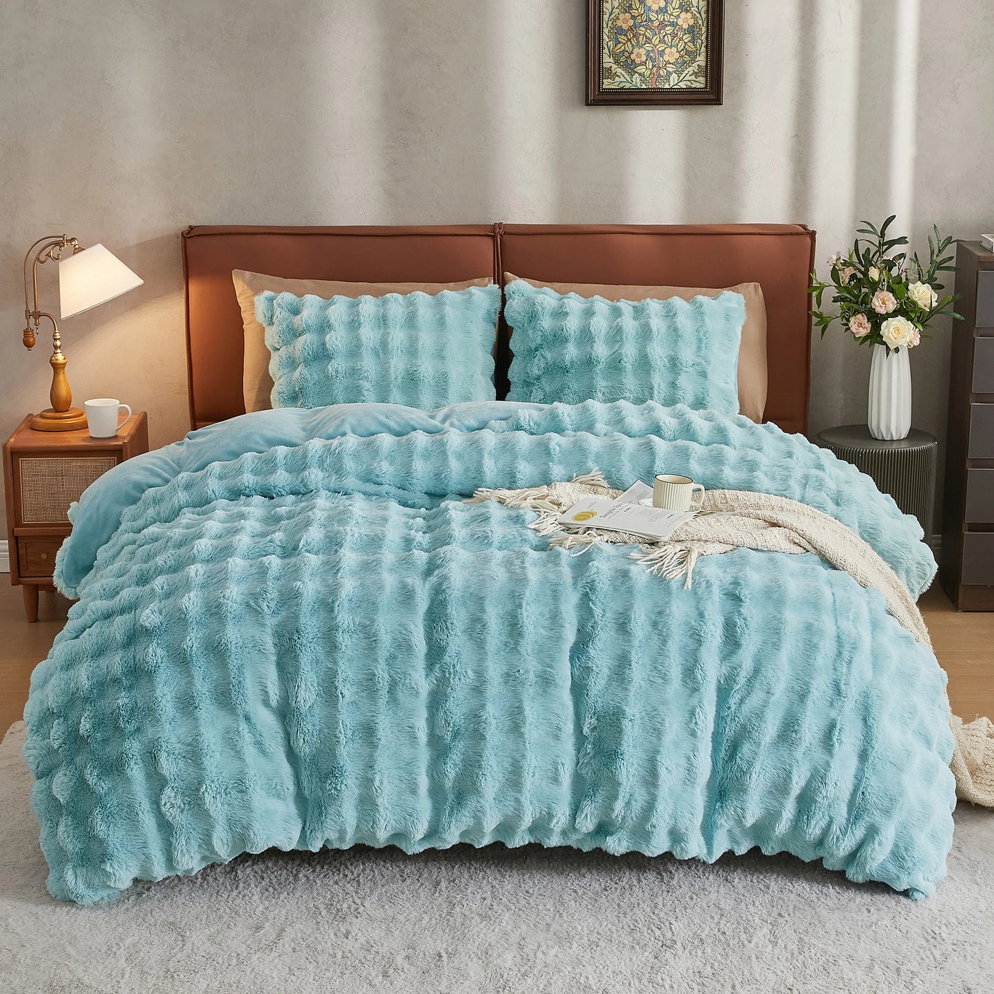 Soft Faux Rabbit Fur Comforter Cover, Cozy Plush Long Shaggy Fluffy Bedding Set with Zipper Closure