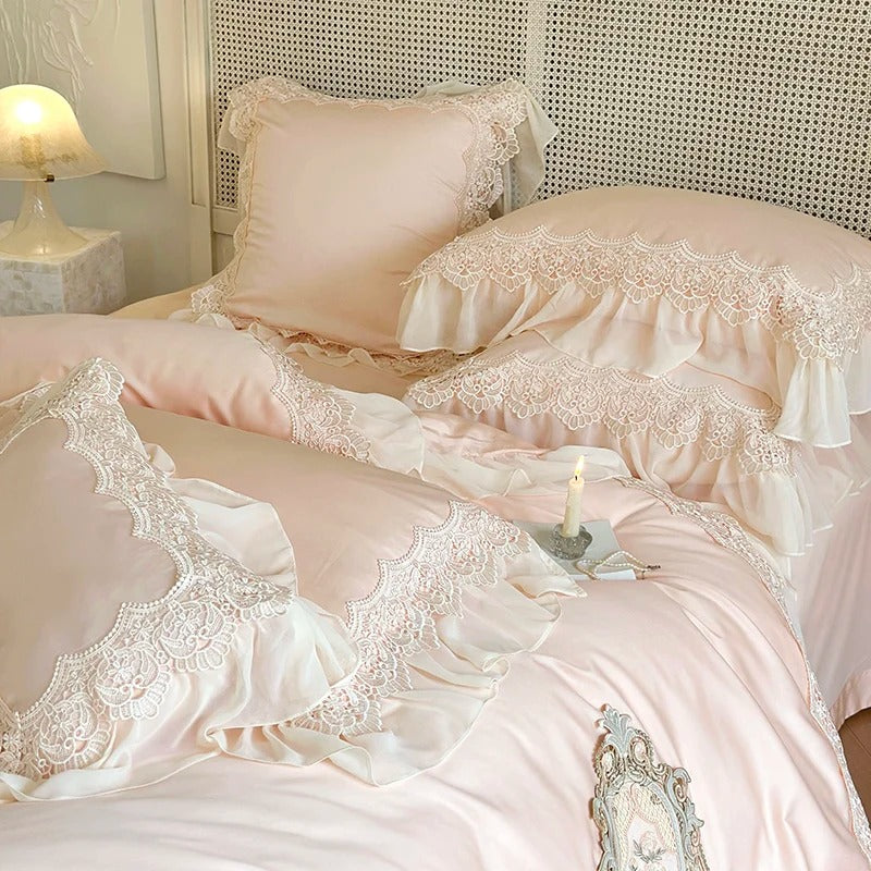 Pink Egyptian Cotton Embroidery Bedding Set Luxury Solid Color Chiffon Lace Duvet Cover Bed Sheet Pillowcases Queen King Size