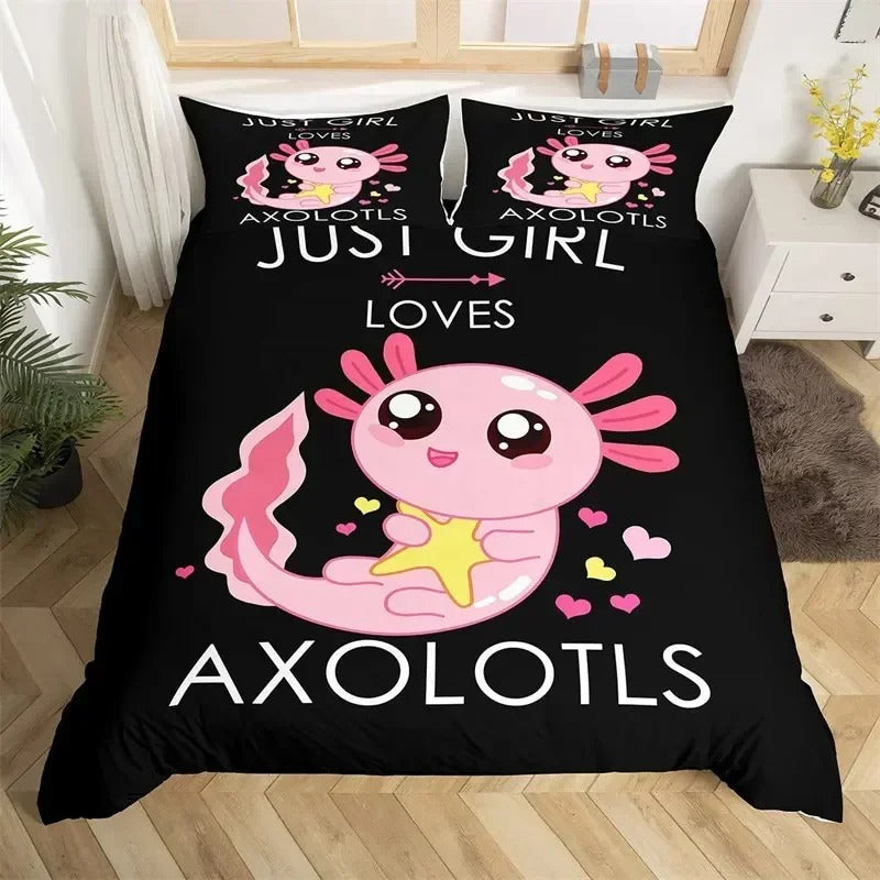 Toddlers Kawaii Axolotl Bedding Set Cute Sea Weed Coastal Comforter Cover Cartoon Axolotl Duvet Cover Full For Kids Boys Girls