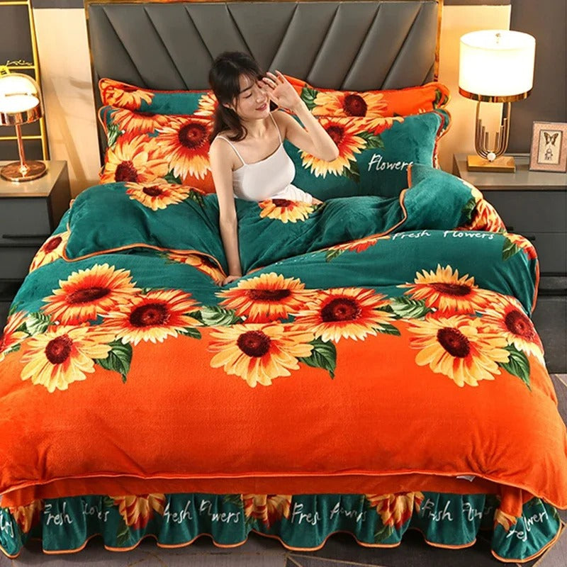 Winter Coral Velvet Four Piece Simple Fashion Thickened Double Sided Milk Flannel Sheet Home Bed Set Comforter Bed Set