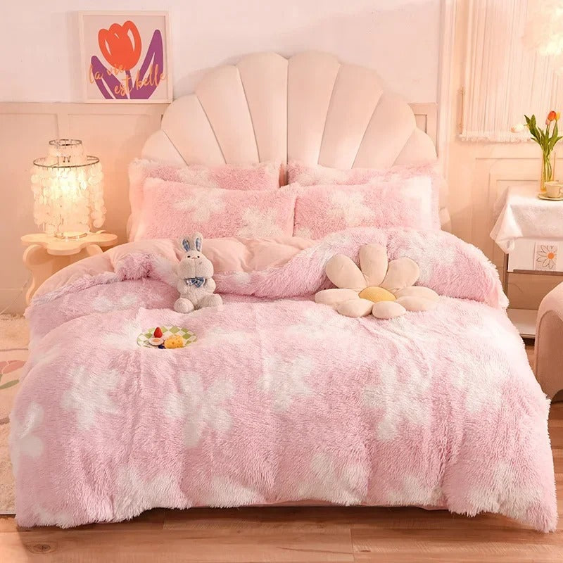 4Pcs Shaggy Coral Fleece Warm Cozy Bedding Set Mink Velvet Duvet Cover Set Bed Comforter Cover Blanket Pillowcase Beding Set