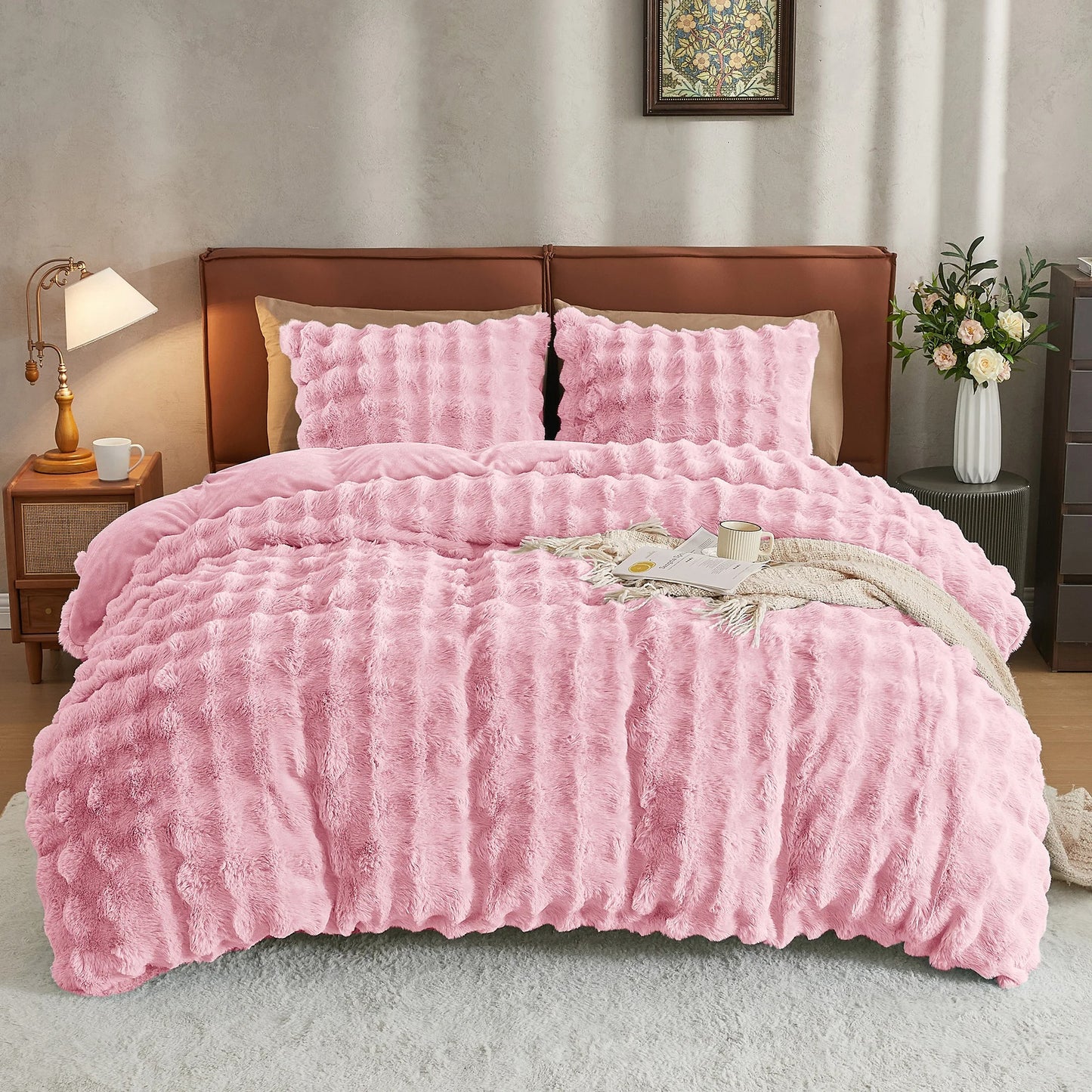 Soft Faux Rabbit Fur Comforter Cover, Cozy Plush Long Shaggy Fluffy Bedding Set with Zipper Closure