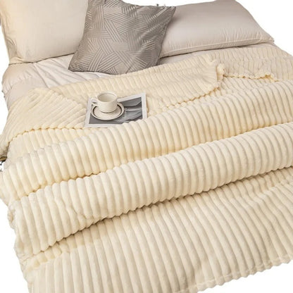 Large Soft Fuzzy Plush Flannel Blanket, Warm Cozy Ribbed Microfiber For Sofa And Bed, Lightweight Striped For All Seasons