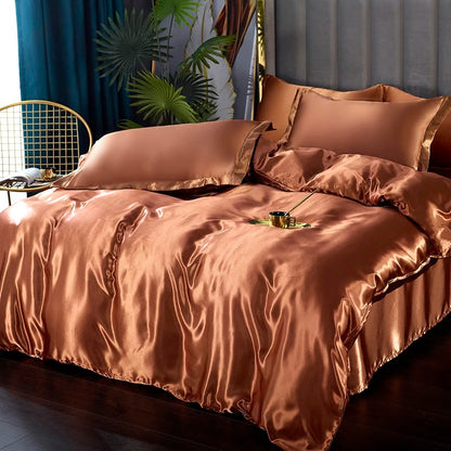 Monnom New European Satin Duvet Cover Set Include Duvet Cove Flat Sheet and Pillowcases Double Single Size Bedding Set AU- Queen