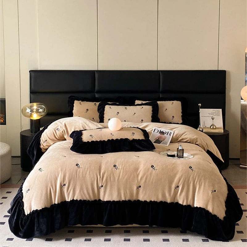 Thickened Warm Rabbit Plush Four-piece Set Bed Sheets, Duvet Covers, Pillowcases, Double-sided Suede Cover Set,Duvet Cover Set