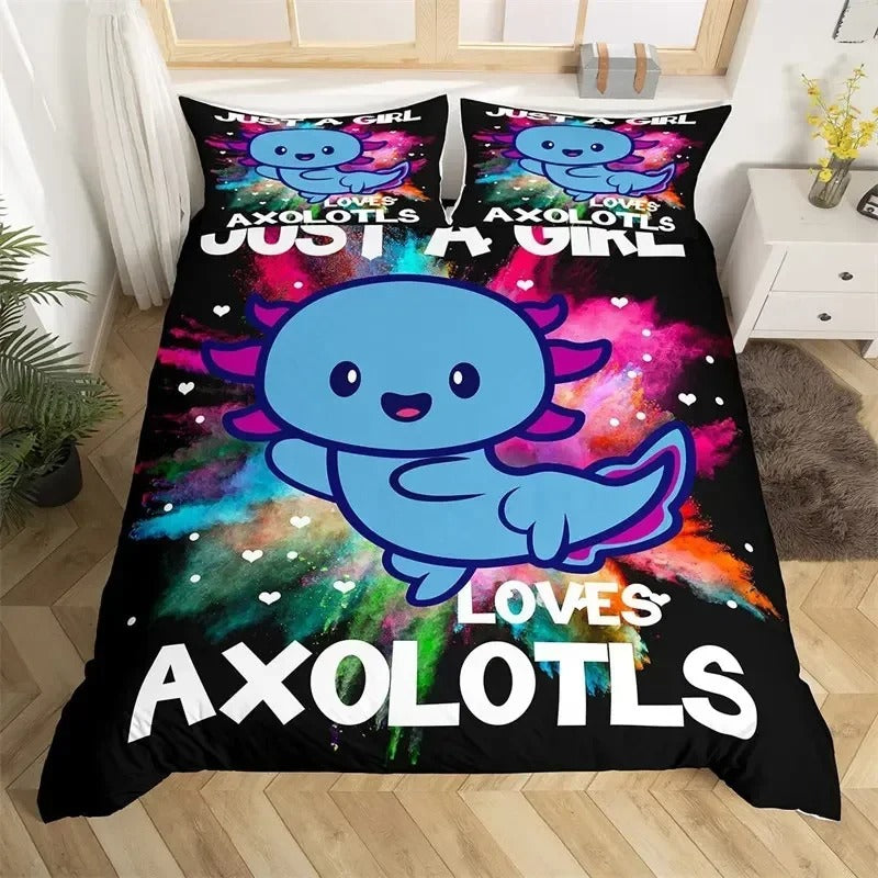 Toddlers Kawaii Axolotl Bedding Set Cute Sea Weed Coastal Comforter Cover Cartoon Axolotl Duvet Cover Full For Kids Boys Girls